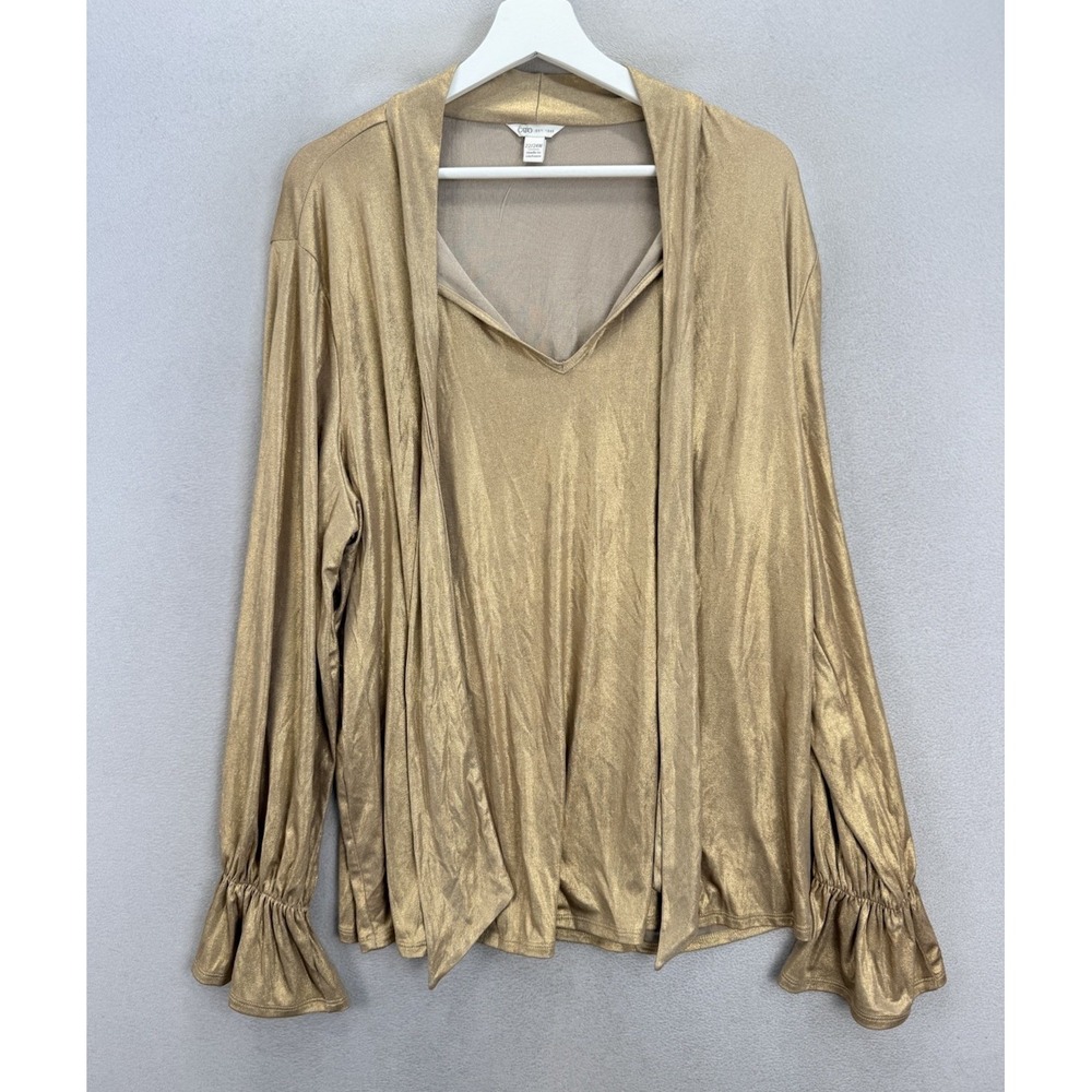 Cato Women's Plus Sz 22/24W Gold Metallic Long Sleeve Tie Neck Ruffled Cuffs Top - Picture 3 of 9